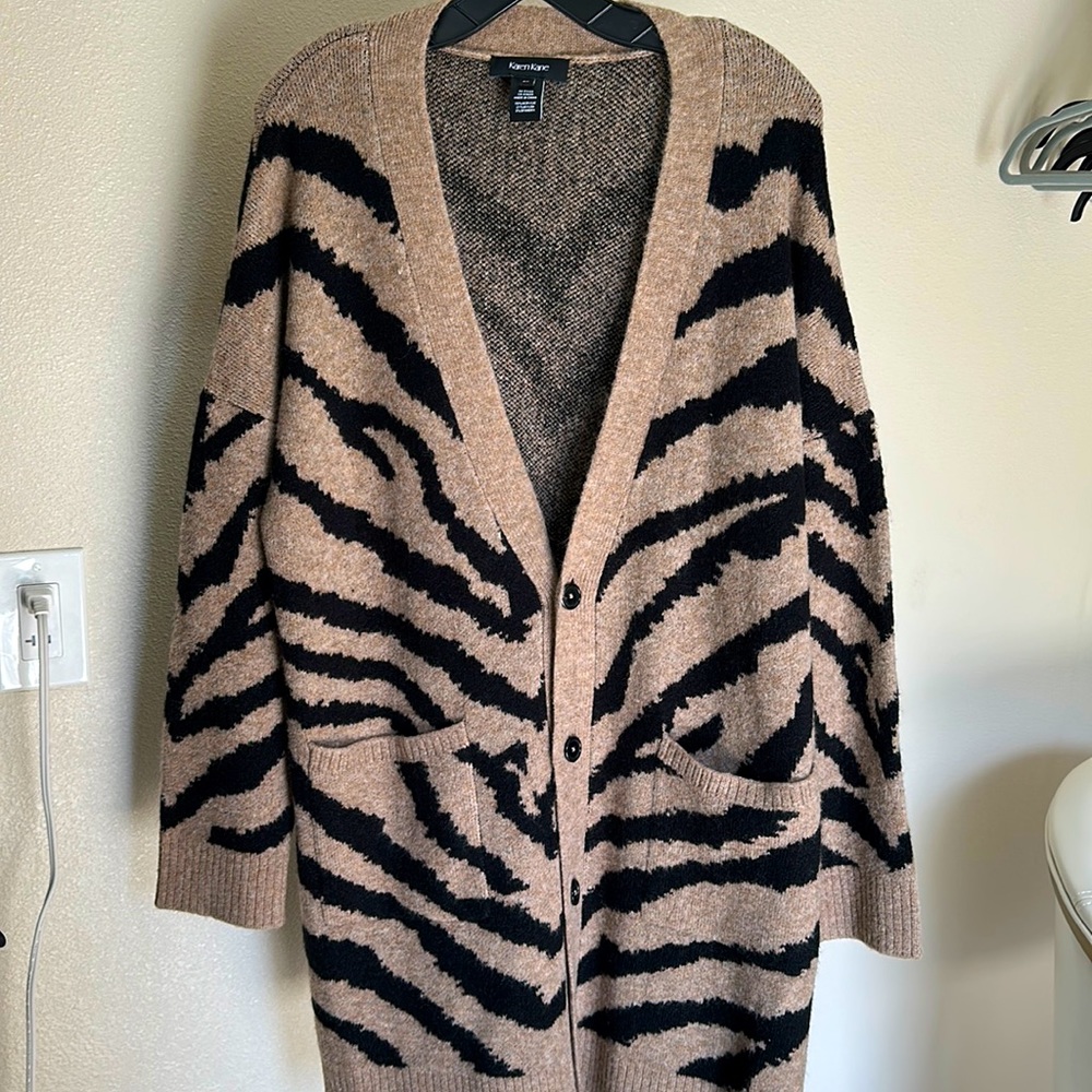Karen Kane Long V Neck Button Cardigan - Animal Print - 2X
